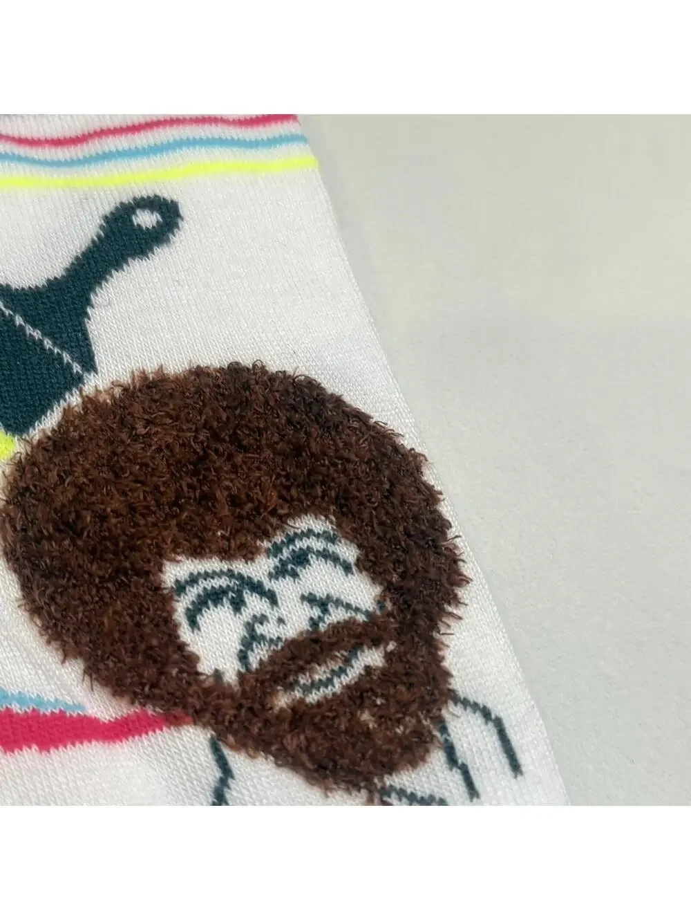 Bob Ross 3D Fuzzy Hair Crew Socks Neon White Stripe Retro Rainbow Paint NWT